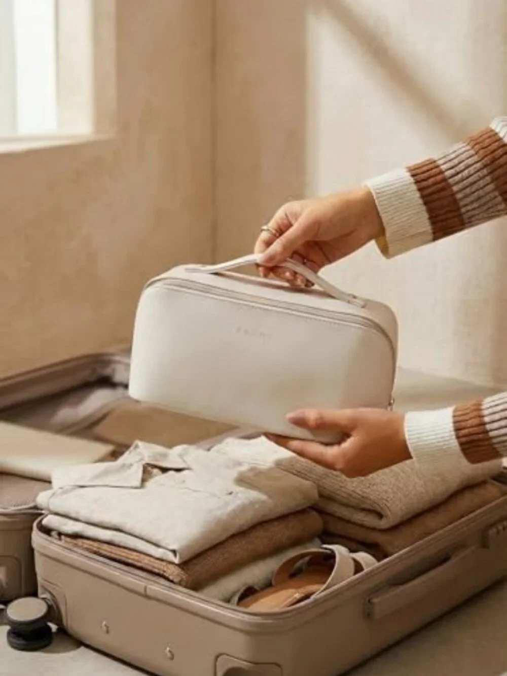 Stylish Medium White PU Leather Travel Makeup Bag for Women - Cosmetic Organizer